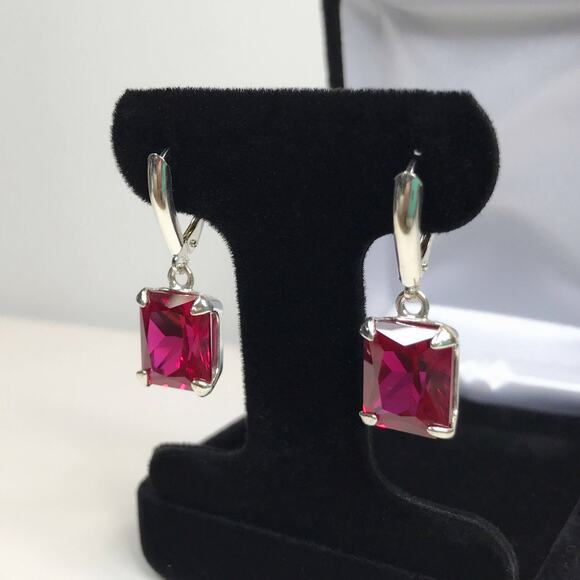 GORGEOUS 8ctw Emerald Cut Ruby Earrings in Sterling Silver - Picture 4 of 5